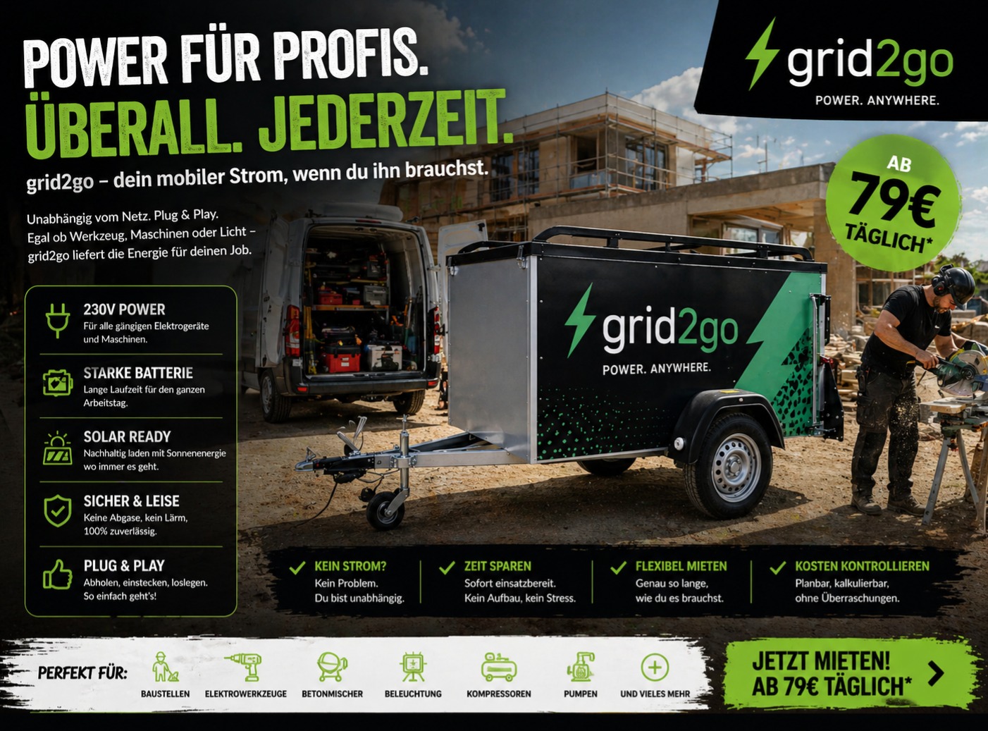 Baustelle mit mobiler Stromversorgung